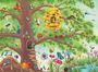 Eine bunte Illustration voller fröhlicher Insekten auf einem Baum, mit Bienen, Schmetterlingen und Käfern.