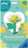 Text: "Mix & Stack Play Set", "Create a Flower", "2-4 years". Illustration des Steck-Blumensets mit grünen Blättern.