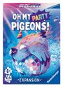 "Oh My Party Pigeons! Expansion" steht auf einer farbenfrohen Verpackung mit einer tanzenden Taube auf einer Discokugel.