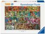 "5000 Ravensburger Puzzle. Buchregale voller bunter Katzenbilder und Bücher mit Katzenmotiven in einem verspielten Design."