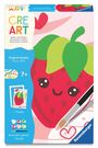 "CREART, Malen nach Zahlen, Original Quality Since 1975, 7+, 6 acrylic paints + brush" Eine lächelnde Erdbeerillustration.
