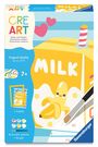 "CRE ART", "Malen nach Zahlen", "Original Quality Since 1975", "7+", "6 acrylic paints + brush". Illustration einer Milchpackung mit Banane.