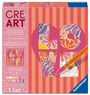 "CRE ART", "LOVE", "Original Quality Since 1975", "HEART OF LOVE", Farben und Pinsel, pink-orange gestreifter Hintergrund.