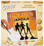 Oben: „GOLDEN HUNTRX", „KPOP DEMON HUNTERS“. Silhouetten von drei Figuren, Malen-nach-Zahlen-Set mit Farben.