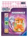 "FOODIMALS DELICIOUSLY CUTE" auf lila Hintergrund, buntes Würfelspiel zeigt Karte mit niedlichem Tierchen im Glas.