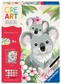 "CRE ART. Malen nach Zahlen. Original Quality Since 1975. 9+." Illustration von Koalas mit Blüten und Blättern.