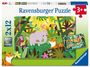 Text: "Ravensburger Puzzle 2x12", "3+". Illustration eines Dschungels mit Elefant, Tiger, Affe und Vögeln.