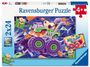 "Ravensburger Puzzle 4+, 2x24. Illustration eines grünen Monsters in einem Jeep mit großen Rädern und lustigen Augen."