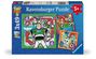 "Ravensburger Puzzle 5+. 3x49. Toy Story" zeigt drei Puzzlebilder von animierten Charakteren wie einem Astronauten und einem Cowboy.