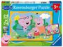 "Peppa Pig Ravensburger Puzzle 2x12. Ab 3+. Ein lächelndes Schweinchen und Familie im Garten, Sonne und Biene im Hintergrund."