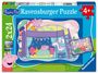 "Peppa Pig Ravensburger Puzzle 4+, 2x24. Illustration von Peppa im Etagenbett mit bunten Sternen und Spielzeug."