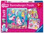 "Ravensburger Puzzle, 3x49 Teile, ab 5 Jahren. Illustration von bunten Meerjungfrauen-Ponys in einer lebendigen Unterwasserwelt."