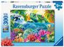 „Ravensburger Puzzle“, „300 XXL“. Illustration: Bunte Unterwasserwelt mit Schildkröten, Fischen und Korallen.