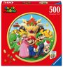 "Super Mario", "500", "Ravensburger Puzzle". Charaktere: Mario, Luigi, Peach, Yoshi und Bowser auf rotem Hintergrund.