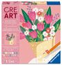 "CRE ART" und "Ravensburger" sind gelistete Titel. Illustration eines Tulpenstraußes in einer gelben Verpackung.