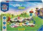 Text: "Nickelodeon Paw Patrol", "GraviTrax Junior", "3-7 years", "172 pc", "Starter-Set". Box mit Spielzeug und Paw Patrol Figuren.