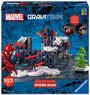 "Marvel GraviTrax Spider-Man", 102 Teile, Action-Set mit Spider-Man-Thema, zeigt eine komplexe Murmelbahn und Comicszenen.