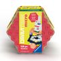 "GraviTrax micro", "128 pc Rainbow", "3 Baseplates", "8-99 years", "Marble fun. Anytime. Anywhere.", gelbe Box, rote Seiten.