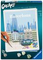 „Barcelona“ steht groß über einer Skyline, Hand malt farbenfrohe Gebäude. Unten links Farbtöpfe, rechts „Ravensburger“.