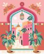 Eine Illustration zeigt ein Tor mit floralen Verzierungen, eine orientalische Stadtlandschaft mit Palmen und bunten Gebäuden.
