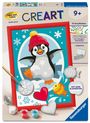 "CREART 9+" steht in großen bunten Buchstaben. Illustration: Pinguin mit roter Mütze, Schneeflocken und ein gelber Fisch.