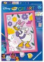 Text: Disney, Malen nach Zahlen, CreaArt, 7+. Illustration: Daisy Duck mit bunten Blumen. Malset mit Rahmen und Farben.