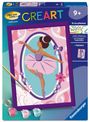 Texts: CREART, 9+, 10 Acrylfarben, + Rahmen. Illustration eines Balletttänzers mit rosa Tutu und Blumen.