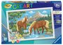 "Malen nach Zahlen", "CREART", "heißt jetzt", "9+", "20 Acrylfarben". Zwei Pferde an einem Bach, Berge im Hintergrund.