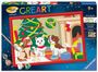 "Malen nach Zahlen", "CREART", "20 Acrylfarben", "9+". Illustration: Zwei Hunde und eine Katze vor Weihnachtsbaum und Kamin.