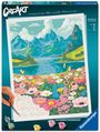"CreArt" und "Sea of Flowers by the Mountain Lake". Illustration einer Berglandschaft mit Blumen und Schmetterlingen.
