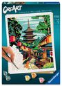 „CreArt“, „Mal nach Zahlen“, „2 in 1“. Illustration: eine Hand malt eine japanische Straße mit Tempel.