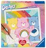 Text: "CREART", "CARE BEARS MOMENTS". Illustration: Drei bunte Bären, rosa, gelb, blau, vor einem Regenbogen, Farben zum Ausmalen.