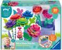 "50 pieces, Mix & Stack Play Set, Create Flowers, Step-by-step cards, 2-4 years. Bunte Blumen, Kind lächelt."