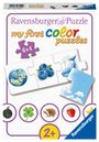 "Ravensburger Puzzle", "my first color puzzles", "6x4", "2+". Illustration von Puzzlestücken mit Erde, Blaubeeren und Wal.