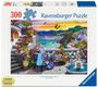 Text: „300“, „Ravensburger Puzzle“, „Large See & Hold Pieces“. Illustration von mediterraner Landschaft mit Meer und bunten Bauten.