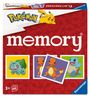 „Pokémon“ und „memory“ Text. Enthält Pikachu, Bulbasaur, Charmander, und Squirtle Illustrationen. Logo von Ravensburger.