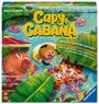 „Capy Cabana“ steht oben. „Wer steckt unter welchem Blatt?“ ist darunter. Tiere schwimmen fröhlich im Wasser.