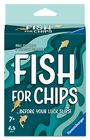 "Fish for Chips" steht in großen Buchstaben; goldenes Fisch-Motiv, wellenförmiger Hintergrund in Blau- und Grüntönen.