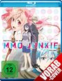 "Recovery of an MMO Junkie Volume 1" steht in großen Buchstaben. Drei Personen im Anime-Stil, einer mit rosa Haaren. FSK 12.