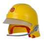 Gelber Helm mit rotem Innenfutter, Mikrofon und Logo mit Zahnrad und Flamme.