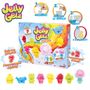„Jelly Gelz“ und „make your own 7 characters“ auf bunter Verpackung. Enthält Formen, Gelpackungen und Plastikwerkzeuge.