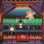 "GURU GURU" in weißen Buchstaben auf dunklem Hintergrund, buntes, geometrisches Design mit menschlichen und tierischen Figuren.