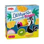 „Obstgarten Tropic“. HABA. Illustrationen von Früchten und einem fröhlichen Tukan vor Palmen.