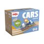 "HABA Cars Crash-Set, Tracks 100% Recycled Material, 10 PCS, 2+". Illustration von Autos auf Schienen beim Zusammenstoß.