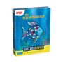 "DER REGENBOGENFISCH", "GLITZERBINGO". Eine farbenfrohe Illustration eines Fisches mit glitzernden Schuppen.