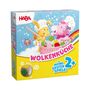 "WOLKENKÜCHE", "MEINE ERSTEN SPIELE", "2+". Ein Hase und Einhorn kochen auf einer Wolke. Bunter Regenbogen und Schmetterling.