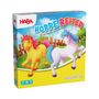 „HABA“ und „HOPPE REITER“. Zwei bunte Ponys, gelbes und weißes, vor Holzzaun und blauen Himmel. Verpackung.