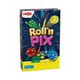 „Roll ‘n Pix“ in großen Buchstaben, mit bunten Würfeln, Bleistiften und einem Raster auf der Verpackung.