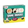 „Game Snacks“ und „Sushi“ auf grünem Hintergrund mit süßen Katzenillustrationen und Sushi-Motiven.