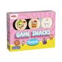 Text: "GAME SNACKS Sweets". Cartoon-Süßigkeiten auf rosa-gelber Verpackung, z.B. Eis, Getränk, Muffin.